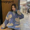 Pull Femme Retro Loose V Neck Puff Long Sleeve Sweaters Cartoon Animal Jacquard Bear Knitted Cardigan Jacket Preppy Style Chic 210610