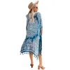 Étnica Floral Impressão Longa Blusa Boho Beach Bikini Cobertura Mulheres Robe Fringe Túnica Verão Cardigan Swim Kimono Cobertura