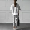 SWEETKAMA Autumn Casual O-Neck Fake 2 Pieces Top 3/4-Length Pants Two-Piece Sets Loose Splits Sleeve Cotton Suits Y0625
