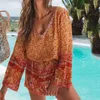 Foridol Bohemian Orange Beach Dress Women New V Neck Summer Boho Print Floral Dress Casual Cotton Long Sleeve Sundress 210415