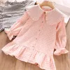 Barnkläder Vår Autum Girls Dress Brand Plaid Doll Collar Long Full Sleeves Princess Party 210611