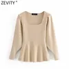 Kvinnor Vintage Square Collar Solid Hem Ruffles Stickning Tröja Kvinnor Pleat Puff Sleeve Chic Pullovers Slimming Tops S548 210420