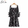 H.SA Kadınlar Yaz Sping Siyah Vestidos Büyük Yaka Flare Kollu Papyon Beach Stil Uzun Elbise Boho Robe Femme 210417