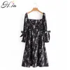 H.SA femmes été Sping noir Vestidos grand col manches évasées nœud papillon plage Style longue Robe Boho Robe Femme 210417