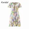 Kleurrijke Chiffon Zomerjurk Dames Flare Mouw Ruffle Korte Strand V Neck Lace Up Floral Print Boho 210427