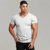 Running V Neck Short Sleeve T shirt Men Knitted Gym T-shirt Slim Fit Sports Tee Shirt Male Bodybuilding Fitness Workout Clothing 210714