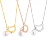 Europe America Style Lady Women Brass Engraved T Letter 18K Plated Gold Necklaces With Heart Pearl Pendant 3 Color