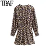 TRAF Women Chic Fashion Floral Print Tie Sashes Playsuits Vintage Long Sleeve With Inner Zip Female Jumpsuits Mujer 210415