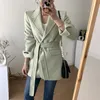 Koreanische Wollgürtel Frauen Anzug Blazer Winter Langarm einreiher Mantel Jacke Büro Arbeitskleidung Elegante Damen 210514