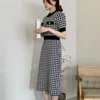 Houndstooth Vintage Stickad sommarklänning Kvinnor Elegant Koreansk Svart Casual Bodycon Sweater Klänningar Robe Femme Vestidos 210514