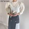 Matakawa Francuski Elegancka Kobieta Swetry Koreański Chic Okrągły Szyi Trójwymiarowy Sweter Trójwymiarowy Swetry Z Długim Rękawem 210513