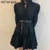 Matakawa Francuski Slim Waist Robe Rękaw Puff Rękaw Plisowane Mini Sukienki Koreański Chic Solidna Stand-Up Neck Tie Damska sukienka z pasem 210513