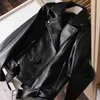 봄 여성 가짜 가죽 벨트 스트리트웨어 PU 턴 다운 칼라 모토 바이커 블랙 코트 가을 outwear 210430