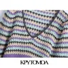 Women Fashion Color Striped Cropped Knitted Sweater Vintage V Neck Lantern Sleeve Female Pullovers Chic Tops 210416