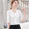 Navy Blue Chiffon Shirt Dames Half Mouw Zomer Mode High End Ruches Losse Blouses Office Dames Casual Work Tops 210604