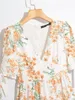 Sommer Französisch V-ausschnitt Puff Sleeve Lace Up Schlank Rüschen Blumen Druck Kleid Urlaub Stil Vintage Weibliche Mode 210508