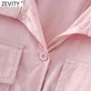 Women Safari Style Long Sleeve Pink Color Short Shirt Female Simply Double Pockets Blouse Roupas Chic Chemise Tops LS9062 210416