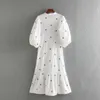 2020 mulheres vintage lanterna manga flor bordado midi shirtdress feminino bainha pregas vestidos chique casual vestidos soltos ds3436 y0726