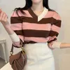 Elegante maglione a righe da donna primavera scollo a V colore a contrasto manica corta a palloncino lavorato a maglia top 5B708 210427