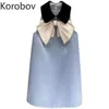 Коробов Корейский поворотной воротник лук женское платье новое поступление Хит цвет лоскутное a-line платья Harajuku летние Vestidos 210430