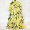 Designer Fashion Runway Vintage Midi Jurk Vrouwen Lange Mouw Elegante Bow Riem Geel Bloem Print Chiffon Vestdios 210421