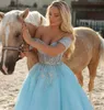 Arabic Light Blue Off Shoulder Sequined Evening Dresses Short Sleeves Sweep Train Lace-up Back Formal Prom Gowns