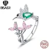 BISAER 925 Sterling Silver Bird Hummingbirds Greeting Finger Rings Clear CZ Flower Adjustable for Women Wedding EFR016 211217