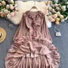 Spring French Retro Vestidos Female V-neck Puff Sleeves Lotus Leaf Slim Slimming Lady Temperament Fashion Midi Dress C584 210506