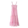 Rosa Slip Midi Kvinna Sommar Klänning Ruffle Ärmlös Sexig Strand Långa Klänningar Kvinnor Casual Backless Sundresses 210519