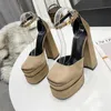 Designer AEVITAS Sandals Waterproof High Heels Pumps Personalized Rhinestone Satin Catwalk Thick Heel Silk Ankle Strap Decorated Height 15cm Platform 5.5cm Box