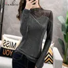 Kvinnor T-shirt Casual Fashion Mesh Gauze Patchwork Feminina Ladies Glänsande Diamante T Shirts Spring / Autumn Clothe T07704B 210421