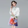 여름 패션 기질 여성 스커트 슈트 러프 긴 소매 프릴 프린트 셔츠 + 인쇄 된 두 조각 세트 210531