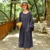 Johnature Женская рубашка платья Ramee O-E-образным вырезом с длинным рукавом кнопка осень сплошной цвет A-Line старинные женские платья 210521