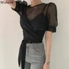 Kvinnor Två Piece Set Se igenom Puff Sleeve T-shirts Lace Up Slim Waist Sling Tops Korean Fashion Suit Femme Roupas 95300 210519