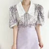 韓国の気質甘い人形襟シフォンプリント女性ブラウスファッションパフスリーブオフィスシックBlusas 210518