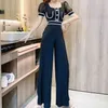 Sommar temperament Elegant Office Ol Jumpsuits Kvinnor Hög midja bredben Bodysuit Hit Color Puff Short Sleeve Playsuit 210519