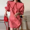 Korea våren söta ruffles docka krage retro klänning kvinnlig lös puff ärm plaid mini vestido vintage a-line 210508