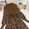 Neploe Fashion Fake Two Piece Patchwork Knit Dress Women High Waist Hip Sashes A Line Print Vestidos O Neck Long Sleeve Robe 210423