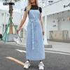 Casual Dresses Kvinnor Denim Klänning Höst Jean Spaghetti Strap Lång Sundress Ärmlös Belted Ladies Vintage Maxi Vestidos