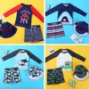 children's swimsuit dinosaur Crocodile shark Whale Pirate Ship pattern long-sleeved top swim hat and shorts set kids boys swimwear quick-drying swim clothes M3980