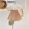Summer Girl Outfits Lace Collar Camisa Branca + Floral Skirt 2 Piece Sets Kids Roupas Meninas E120 210610
