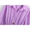 Mulheres moda roxo cintura elástica botões longo camisa vestido vintage três quartos manga feminina feminina vestidos 210520