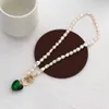 AENSOA Vintage Baroque Natural Freshwater Pearl Long Chains for Women 2021 Geometric Green Glass Heart Pendant Necklace