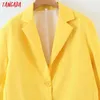 Tangada المرأة الصلبة الأصفر السترة معطف خمر حقق طوق جيب الأزياء النسائية عارضة قمم 3Z62 210609