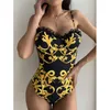 Lace Sexy Mulheres Swimsuit Feminino Impressão de Ouro Tanga Brasileira Push Up Swimwear Monokini Banheira Terno Beachwear 210625