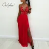 Yaz Kadın Uzun Parti Spagetti Kayışı Kırmızı Zarif Lady Dantel Maxi Pileli Elbise 210415
