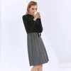 Patchwork Striped Knitting Dress For Women Stand Collar Long Sleeve Lace Up Bowknot Elegant Dresses Female 210520