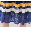 Summer Vintage Navy Blue Women Elegant Slim Short Sleeve Hollow Out Patchwork Striped Lace Female Midi Pleated Dress 210416