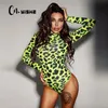 CNYISHE Mulheres Manga Longa Leopard Skin PrinTD Bodysuit Sexy Neon Verde Streetwear Jumpsuit Skinny Leopard Tops Moda Macacões 210728