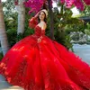 فساتين حفلات مكسيكية حمراء داكنة vestidos de 15 a￱os Quinceanera بأكمام قابلة للإزالة مزينة بالترتر ، فستان طويل للحفلات الراقصة